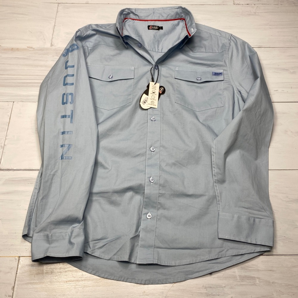 Justin Western Shirt Mens Large Light Blue Long Sleeve Stretch Logo Work Rodeo